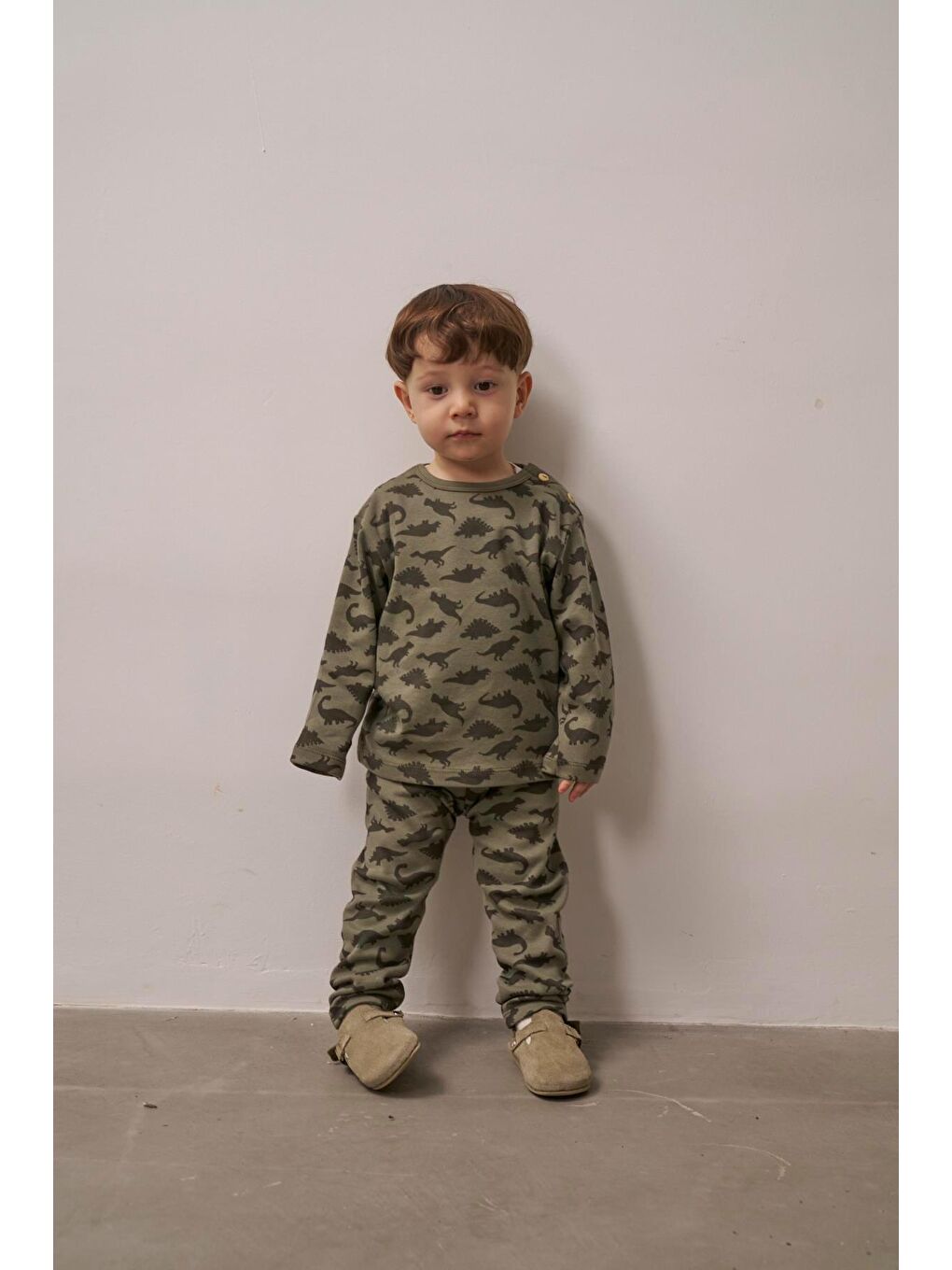 Haki Dinozor Baskılı Bebek Alt Üst Takım-1