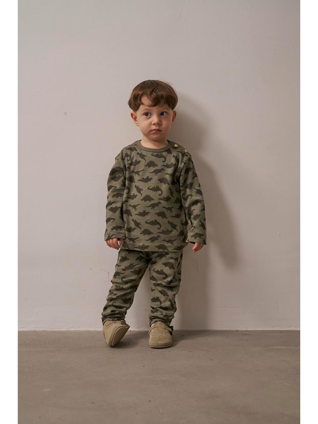 Haki Dinozor Baskılı Bebek Alt Üst Takım-4