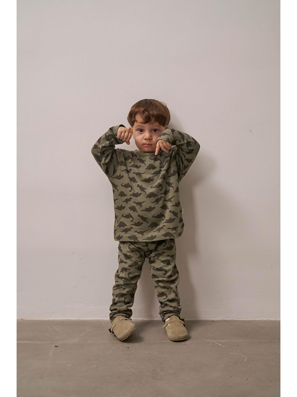 Haki Dinozor Baskılı Bebek Alt Üst Takım-6