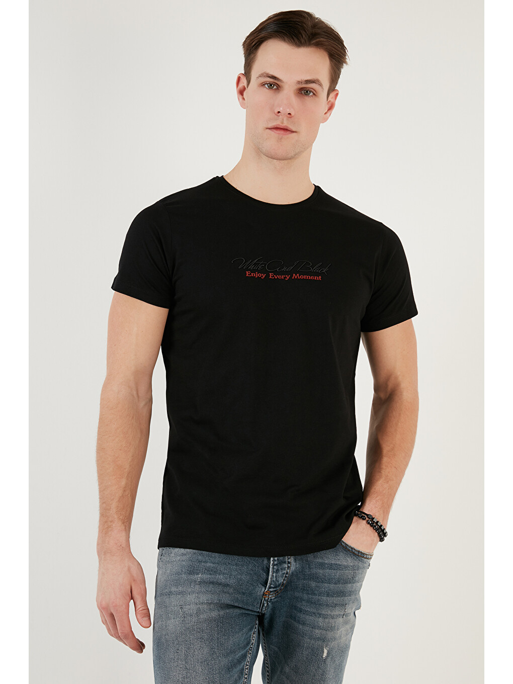 Siyah Baskılı Bisiklet Yaka % 100 Pamuk Slim Fit Erkek T Shirt 541enjoy-1