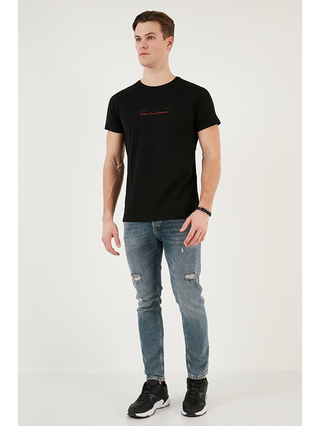 Siyah Baskılı Bisiklet Yaka % 100 Pamuk Slim Fit Erkek T Shirt 541enjoy-2