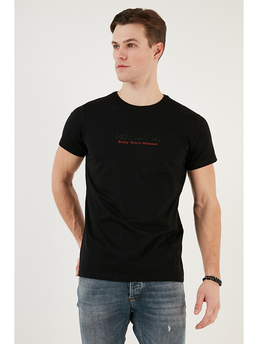 Siyah Baskılı Bisiklet Yaka % 100 Pamuk Slim Fit Erkek T Shirt 541enjoy-3