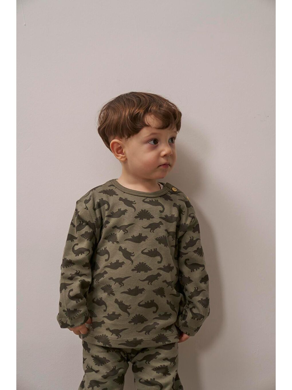 Haki Dinozor Baskılı Bebek Alt Üst Takım-9