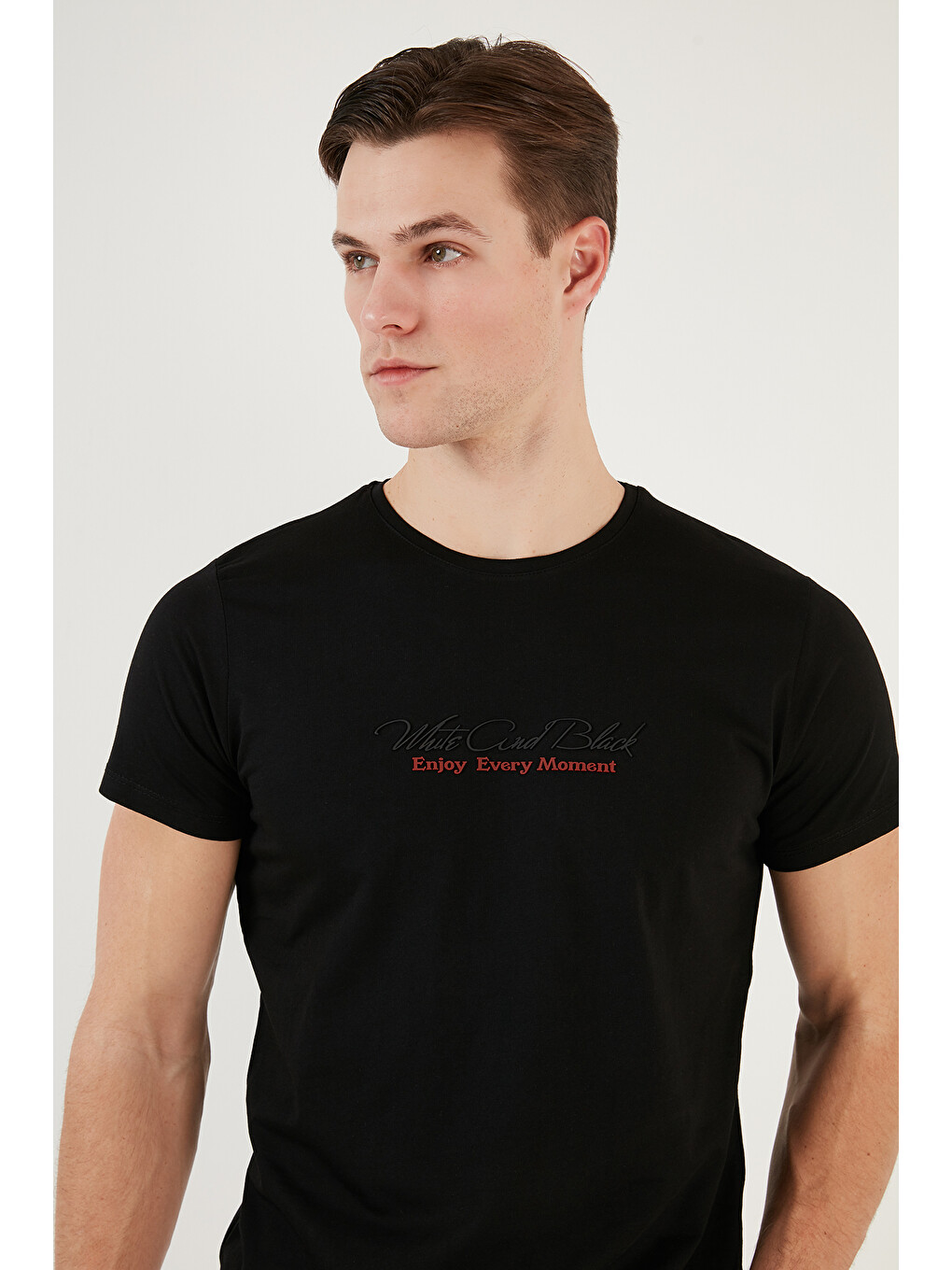 Siyah Baskılı Bisiklet Yaka % 100 Pamuk Slim Fit Erkek T Shirt 541enjoy-4