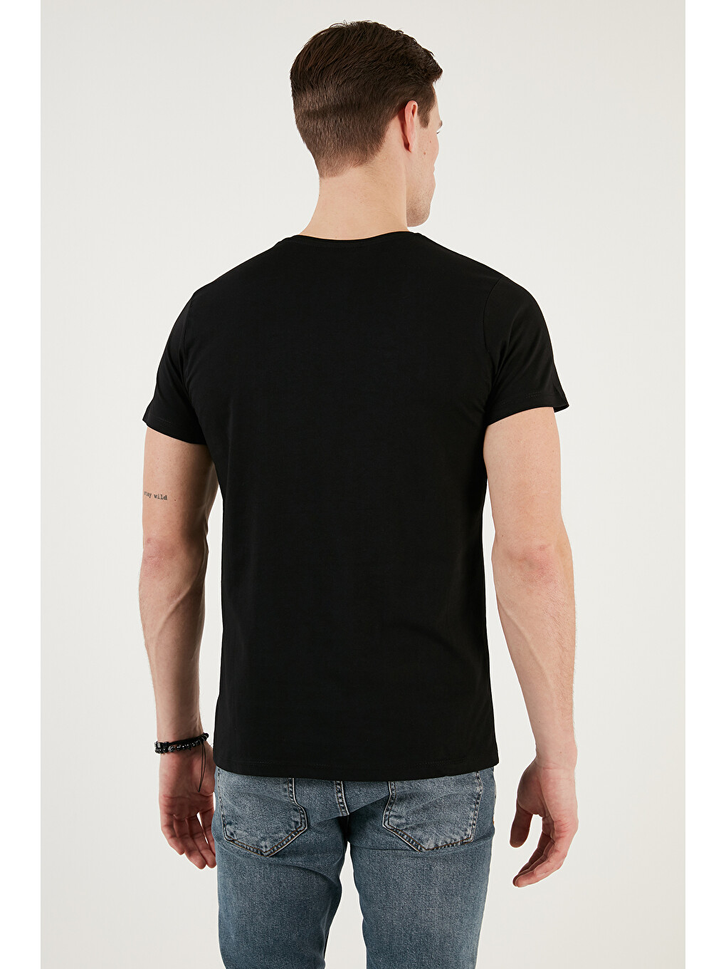 Siyah Baskılı Bisiklet Yaka % 100 Pamuk Slim Fit Erkek T Shirt 541enjoy-5