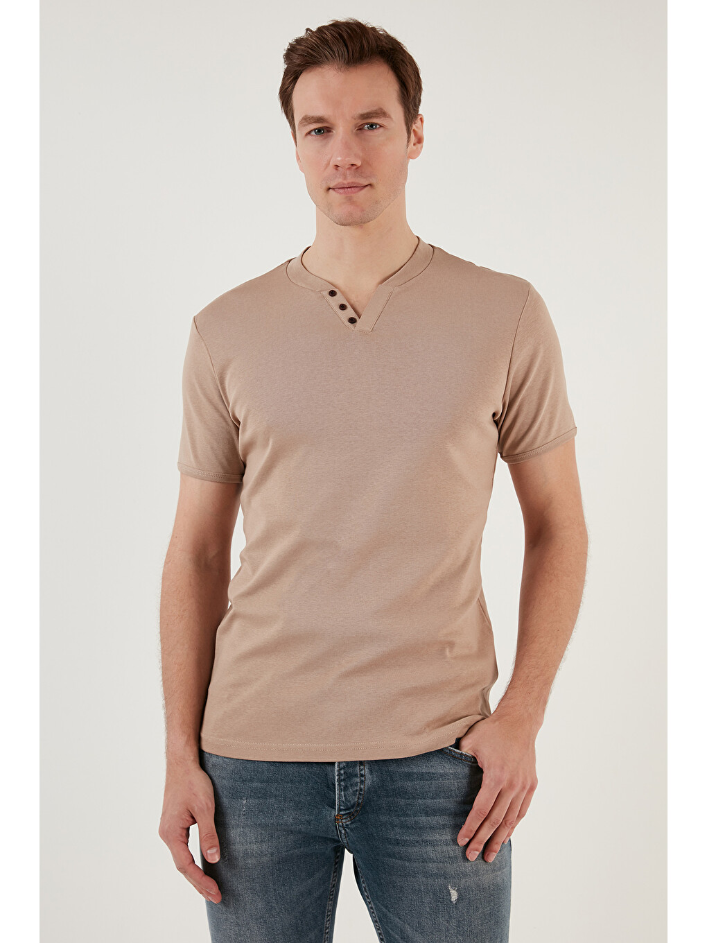 Bej % 100 Pamuklu V Yaka Slim Fit Erkek T Shirt 5902122-6