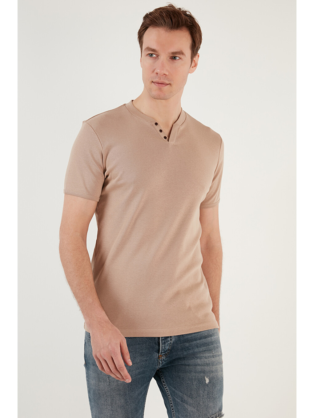 Bej % 100 Pamuklu V Yaka Slim Fit Erkek T Shirt 5902122-2
