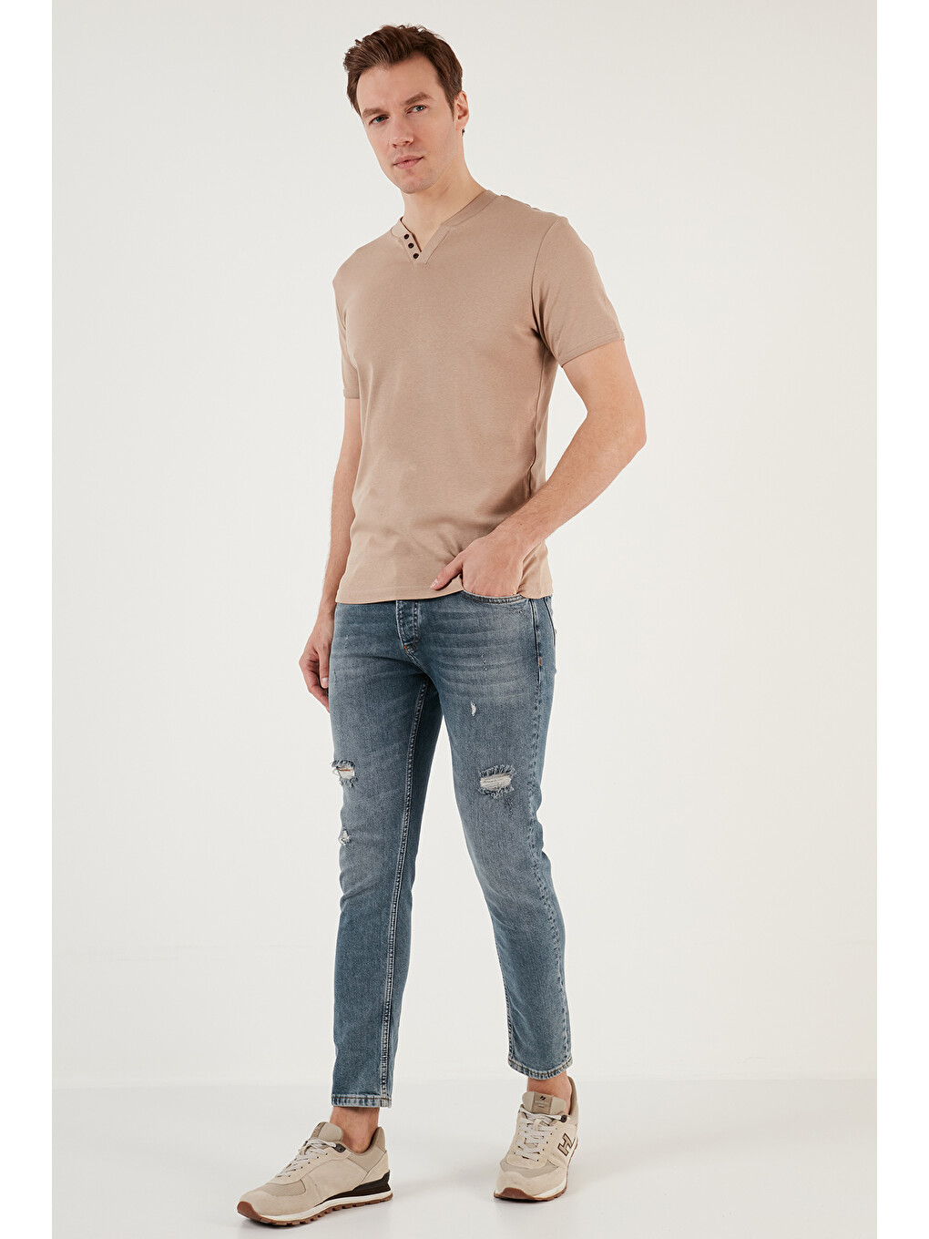 Bej % 100 Pamuklu V Yaka Slim Fit Erkek T Shirt 5902122-3