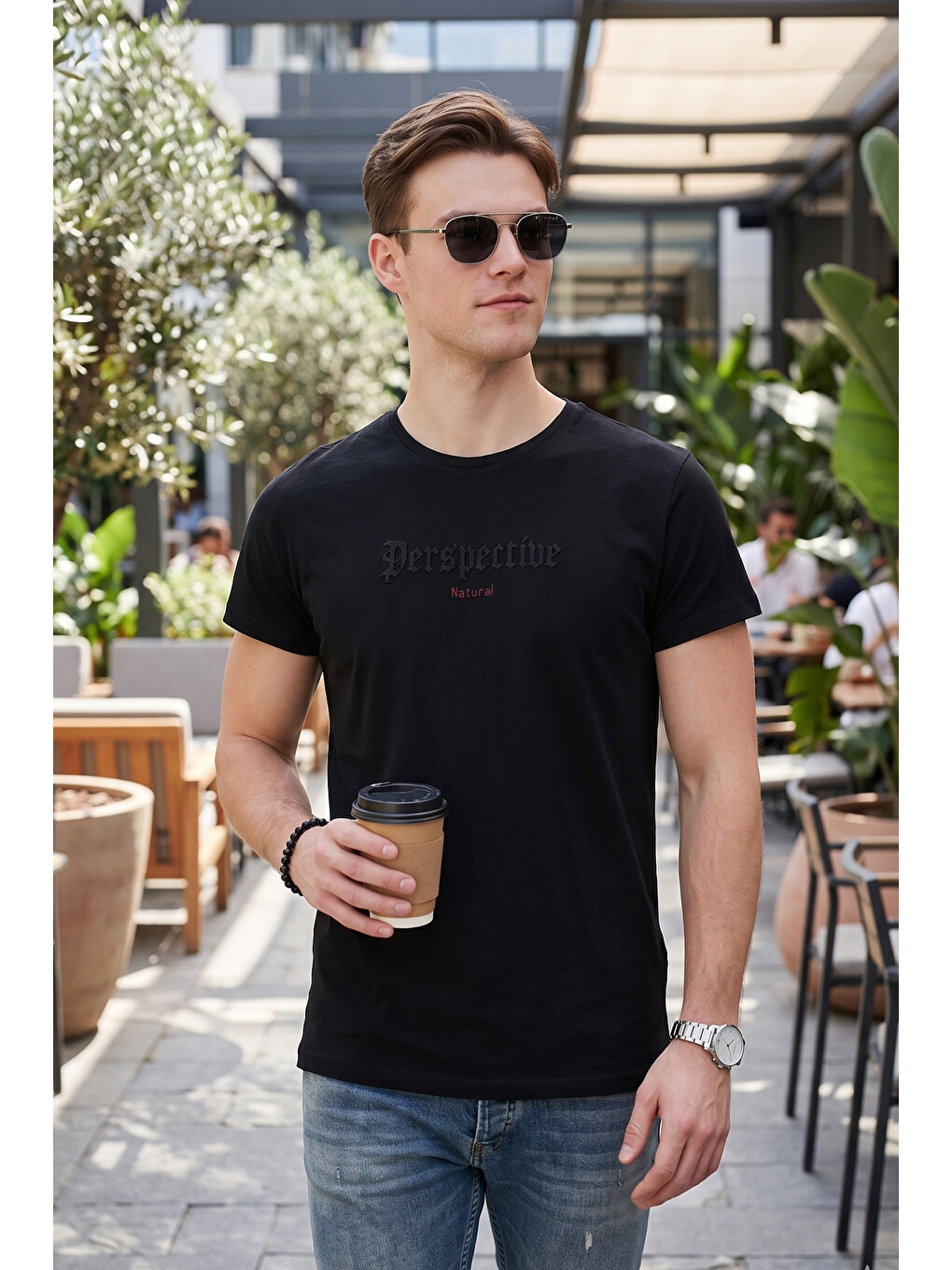 Siyah Pamuklu Slim Fit Bisiklet Yaka %100 Pamuk Tişört 541perspectıve
