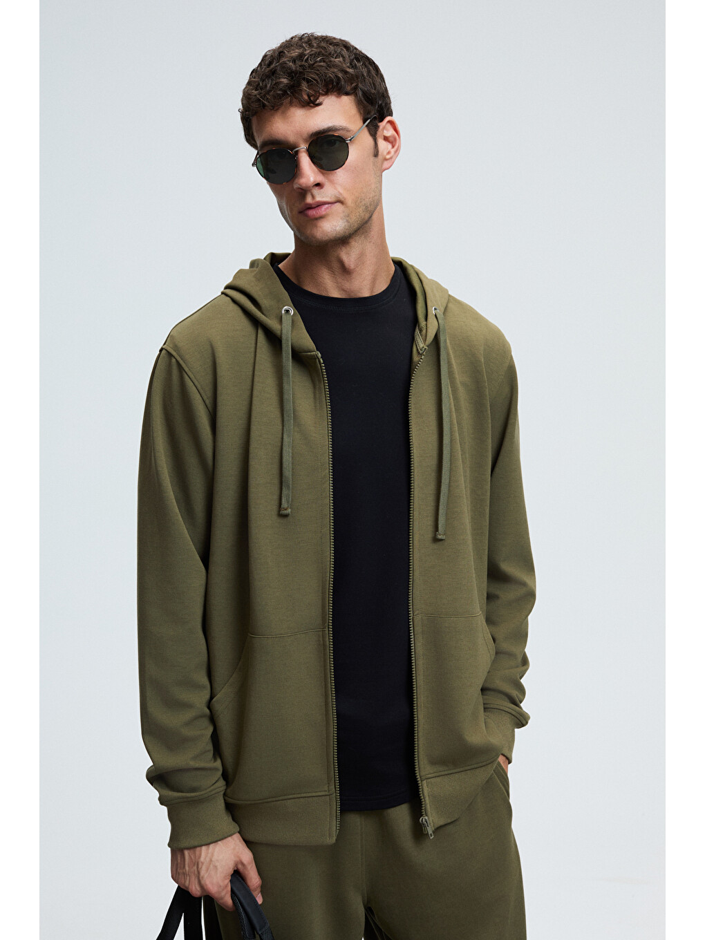 Gage Erkek Kapüşonlu Metal Kuş Gözü Detaylı Fermuarlı Kordonlu Cepli Haki Sweatshirt-2