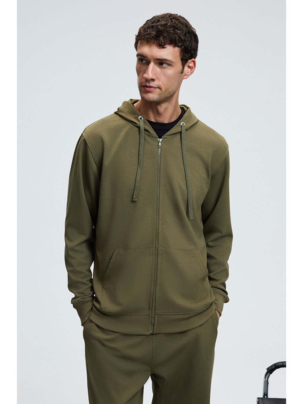 Gage Erkek Kapüşonlu Metal Kuş Gözü Detaylı Fermuarlı Kordonlu Cepli Haki Sweatshirt-5