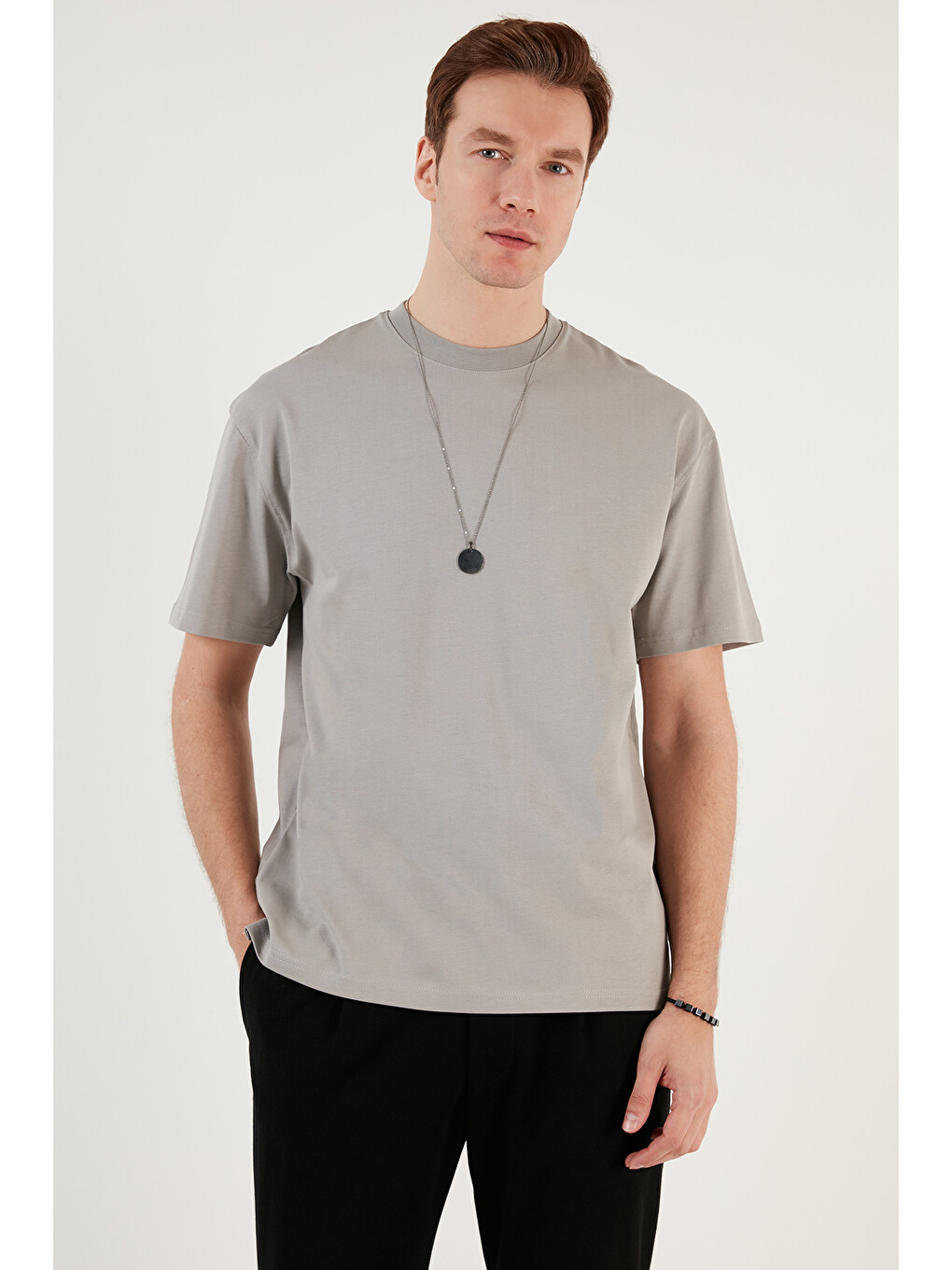 Gri Pamuklu Relaxed Fit Sıfır Yaka Erkek T Shirt 5905446-1
