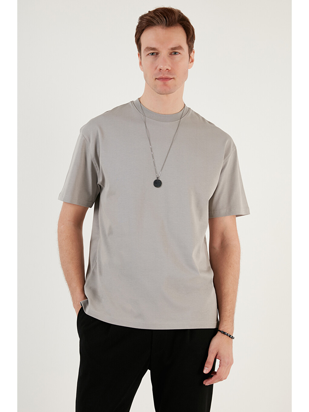 Gri Pamuklu Relaxed Fit Sıfır Yaka Erkek T Shirt 5905446-4