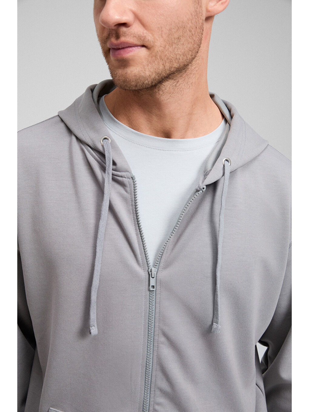Gage Erkek Kapüşonlu Metal Kuş Gözü Detaylı Fermuarlı Kordonlu Cepli Gri Sweatshirt-2