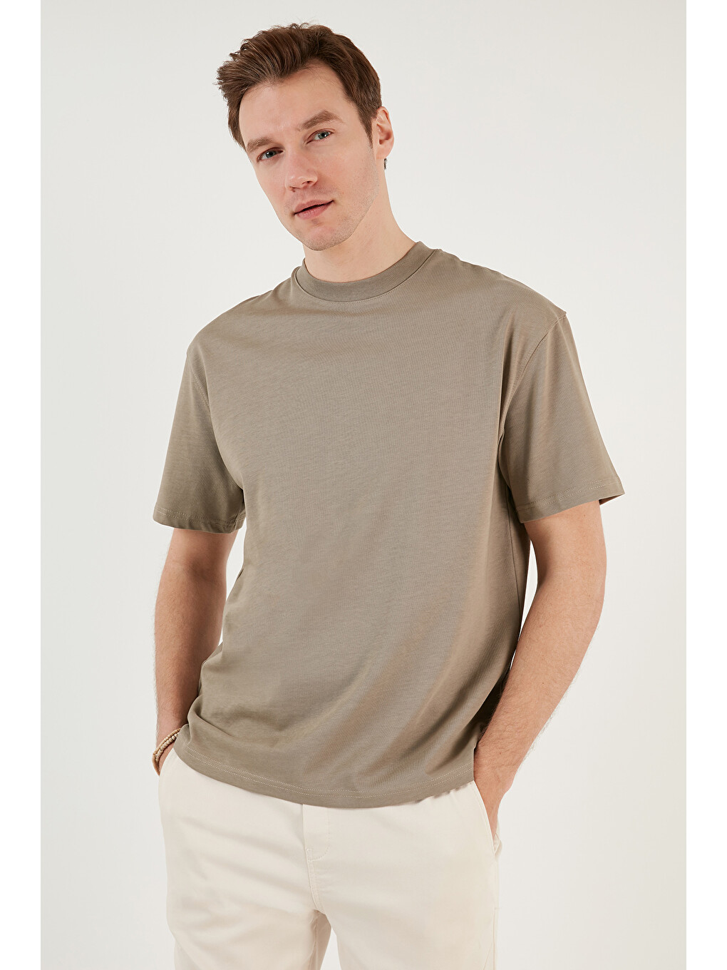 Bej Pamuklu Relaxed Fit Sıfır Yaka Erkek T Shirt 5905446-1
