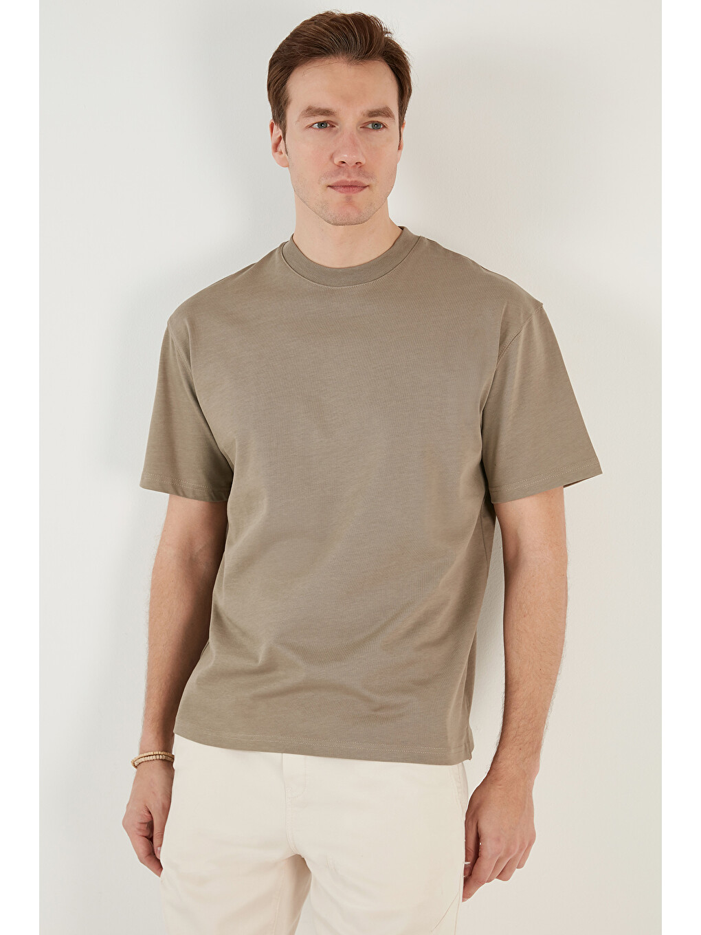 Bej Pamuklu Relaxed Fit Sıfır Yaka Erkek T Shirt 5905446-2