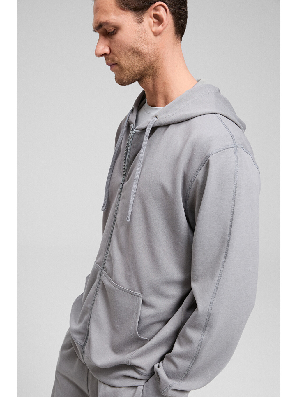 Gage Erkek Kapüşonlu Metal Kuş Gözü Detaylı Fermuarlı Kordonlu Cepli Gri Sweatshirt-3