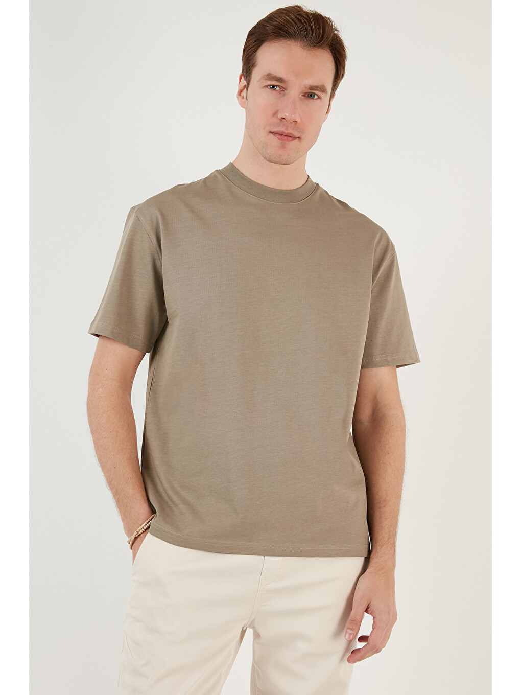 Bej Pamuklu Relaxed Fit Sıfır Yaka Erkek T Shirt 5905446-3