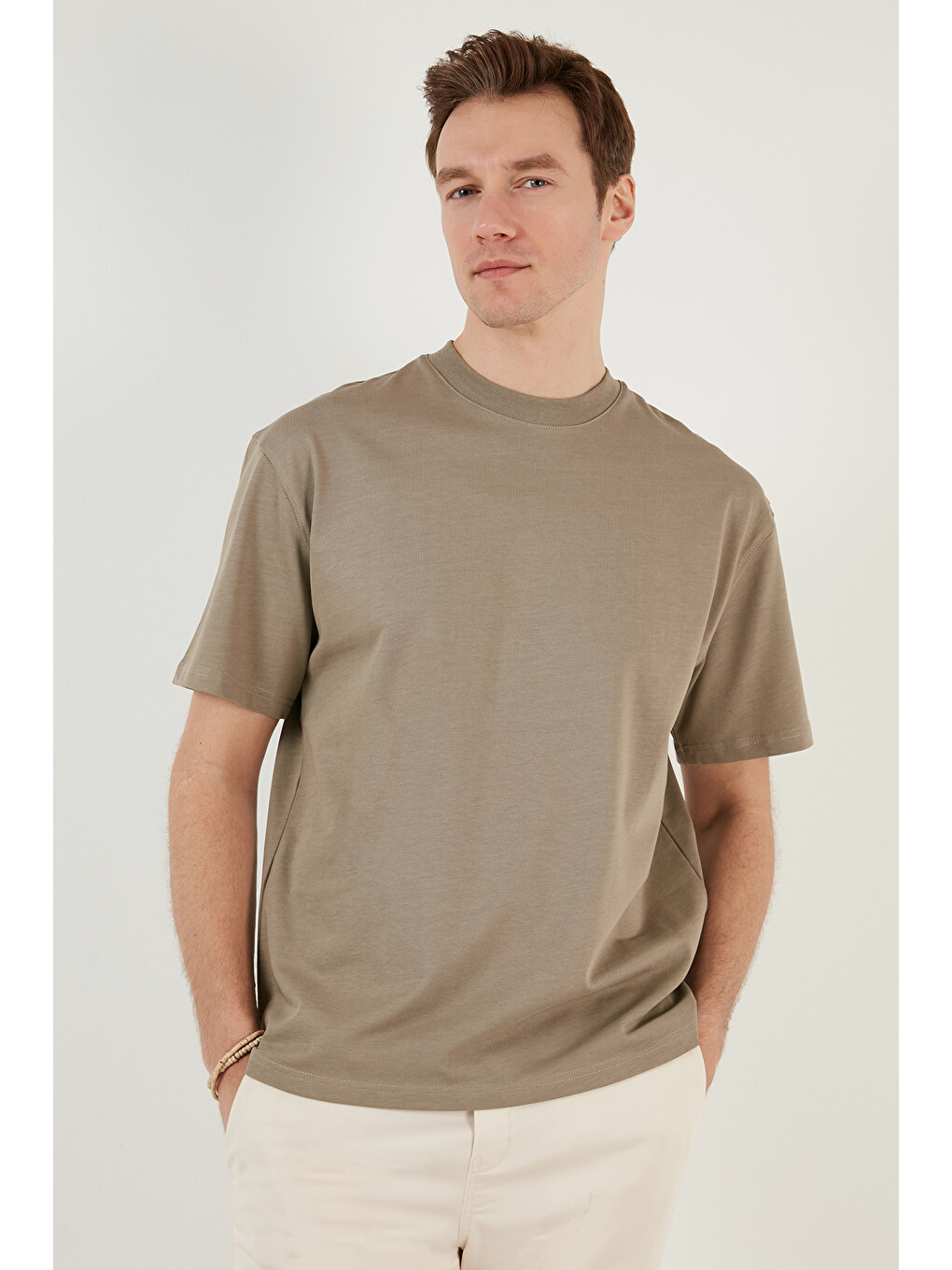 Bej Pamuklu Relaxed Fit Sıfır Yaka Erkek T Shirt 5905446-4