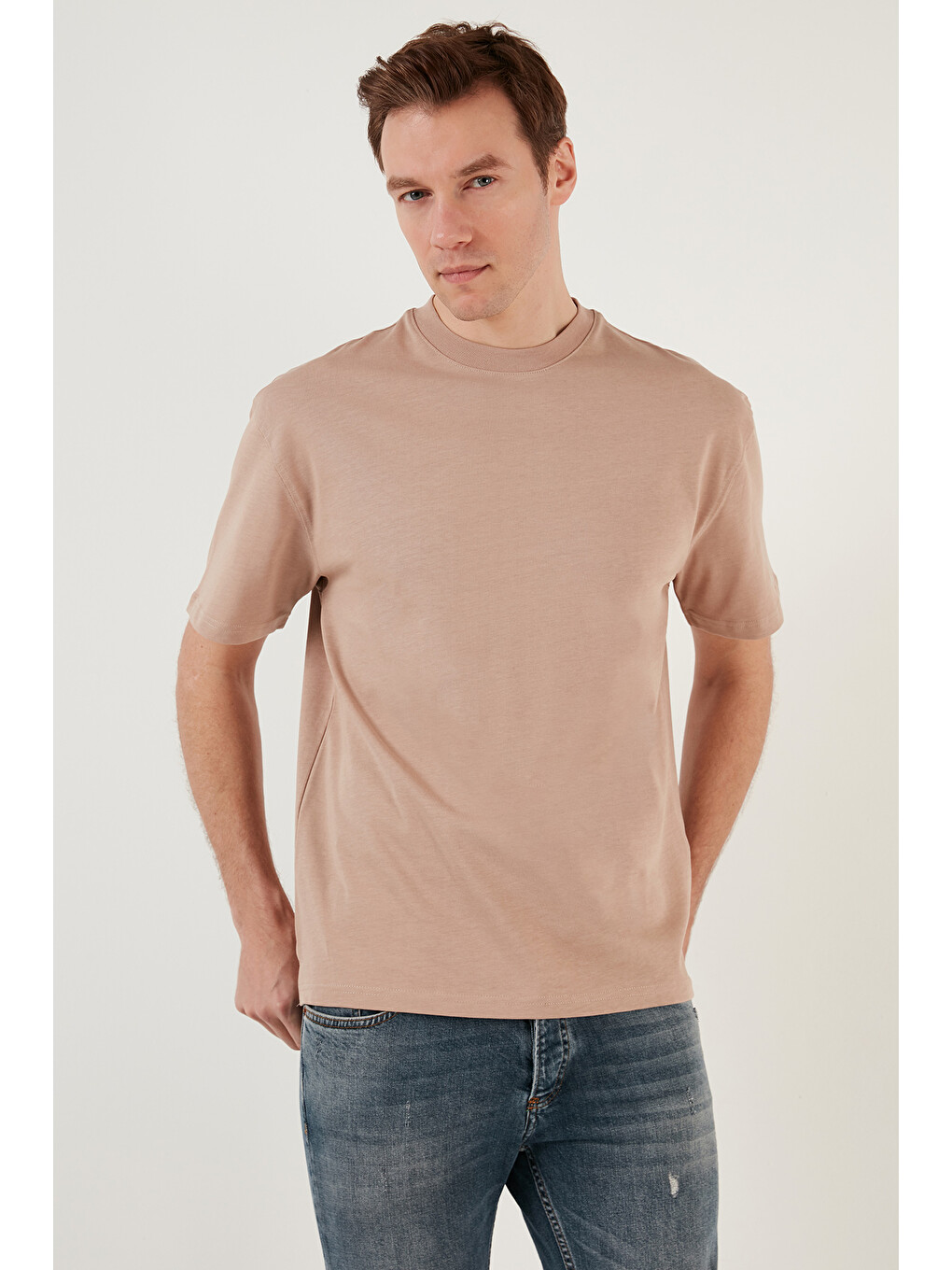 Bej Pamuklu Relaxed Fit Sıfır Yaka Erkek T Shirt 5905446-1