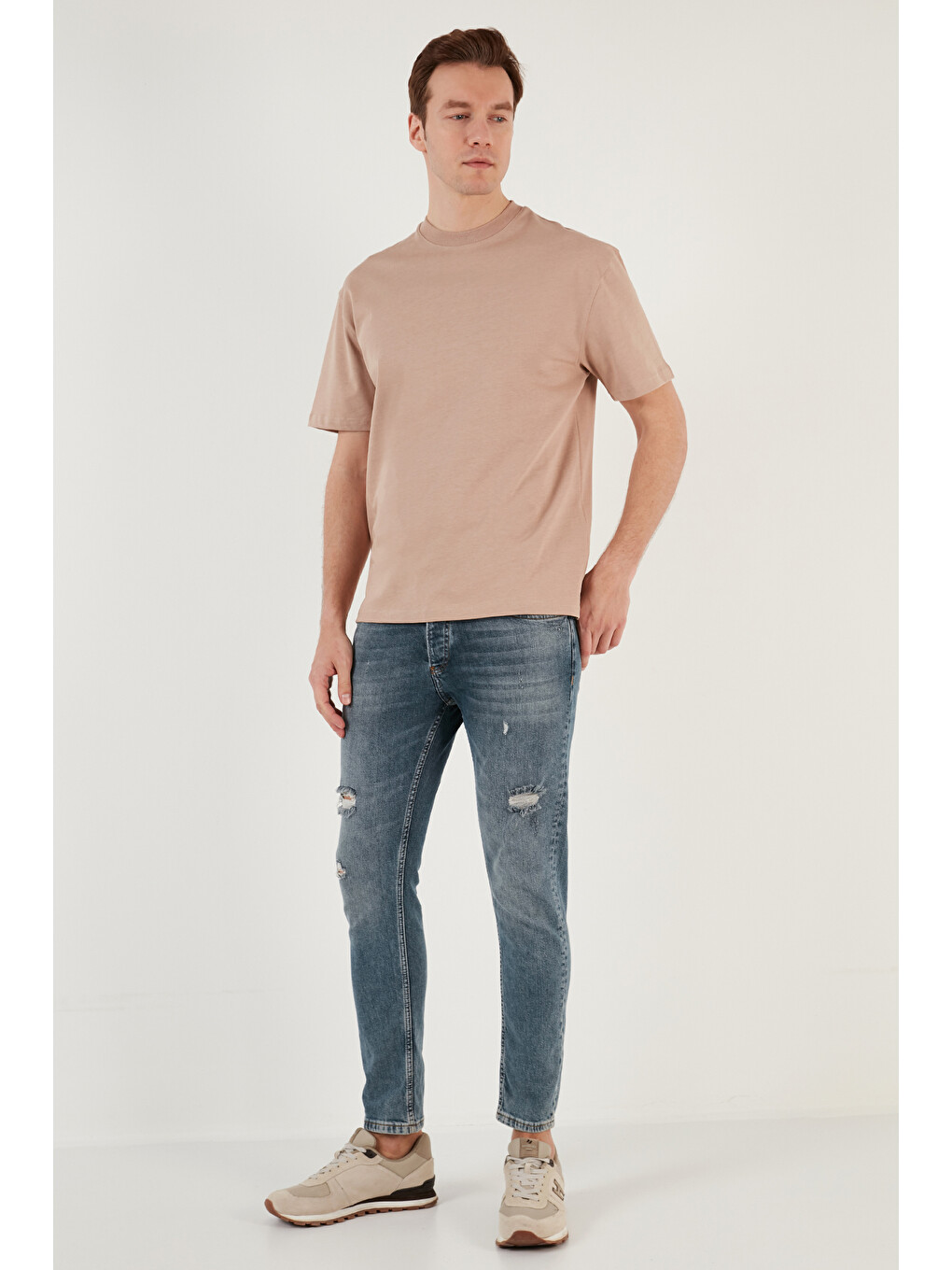 Bej Pamuklu Relaxed Fit Sıfır Yaka Erkek T Shirt 5905446-2
