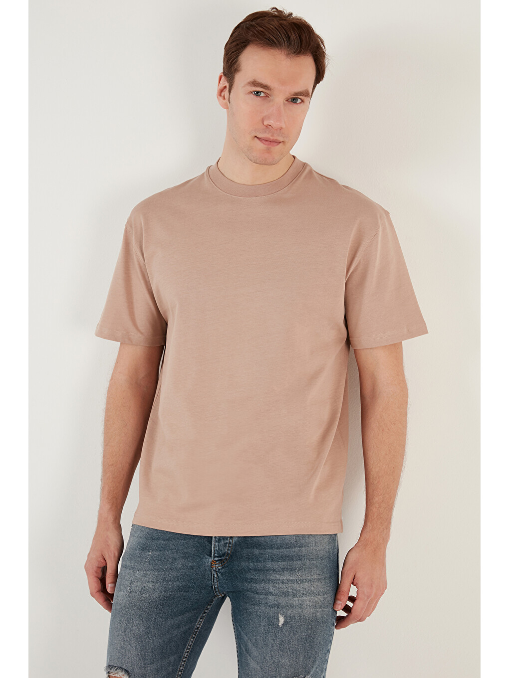 Bej Pamuklu Relaxed Fit Sıfır Yaka Erkek T Shirt 5905446-3