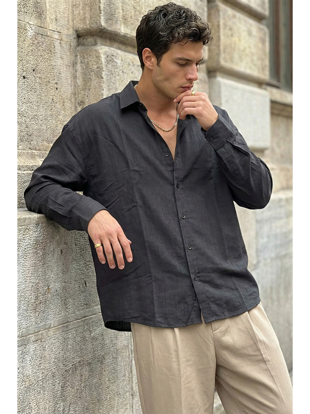 Siyah Hive Premium Oversize Erkek Gömlek Kendinden Çizgili-4