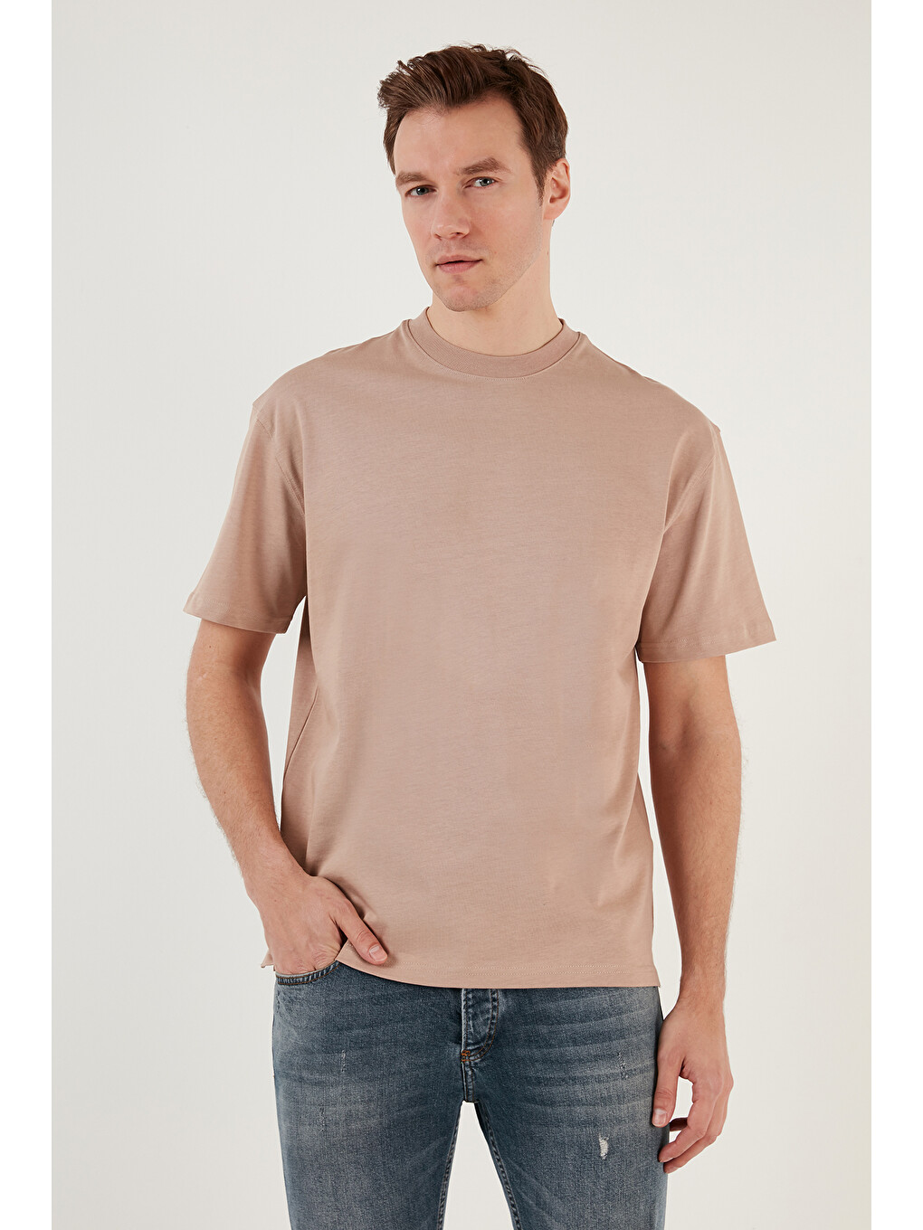 Bej Pamuklu Relaxed Fit Sıfır Yaka Erkek T Shirt 5905446-4