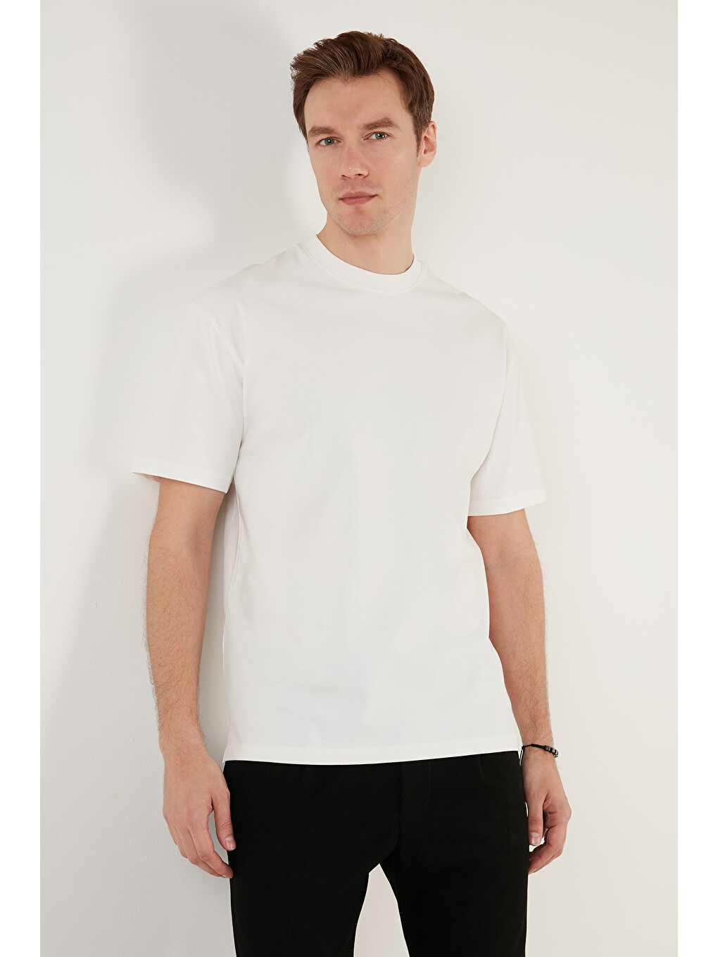 Ekru Pamuklu Relaxed Fit Sıfır Yaka Erkek T Shirt 5905446-3