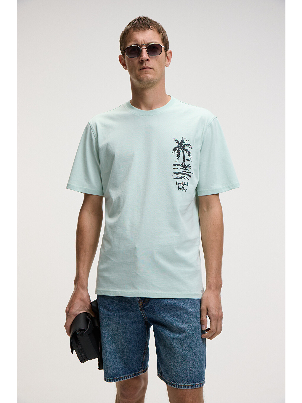 Sonora Erkek Baskı Detaylı %100 Organik Pamuk Regular Fit Kısa Kollu Açık Yeşil T-shirt