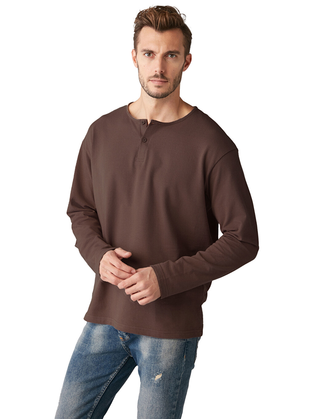 Kahverengi Lorenzo Erkek Özel Rustik Dokulu %100 Organik Pamuk Düğme Detaylı Regular Acı Kahve Sweatshirt-1