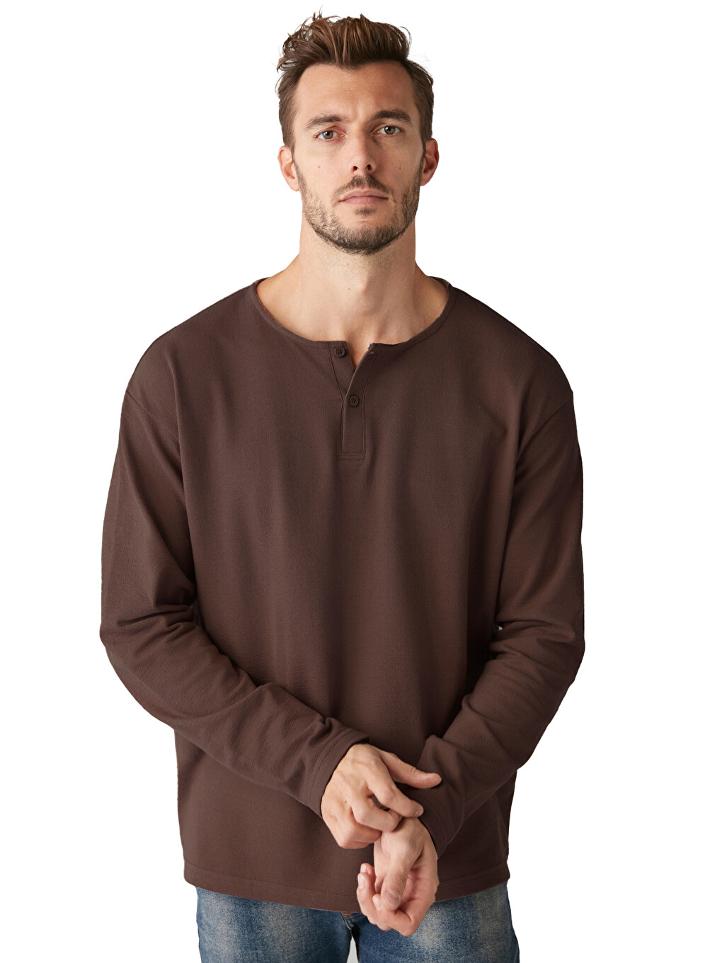 Kahverengi Lorenzo Erkek Özel Rustik Dokulu %100 Organik Pamuk Düğme Detaylı Regular Acı Kahve Sweatshirt-2
