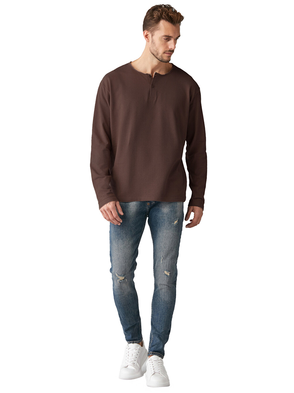 Kahverengi Lorenzo Erkek Özel Rustik Dokulu %100 Organik Pamuk Düğme Detaylı Regular Acı Kahve Sweatshirt-3