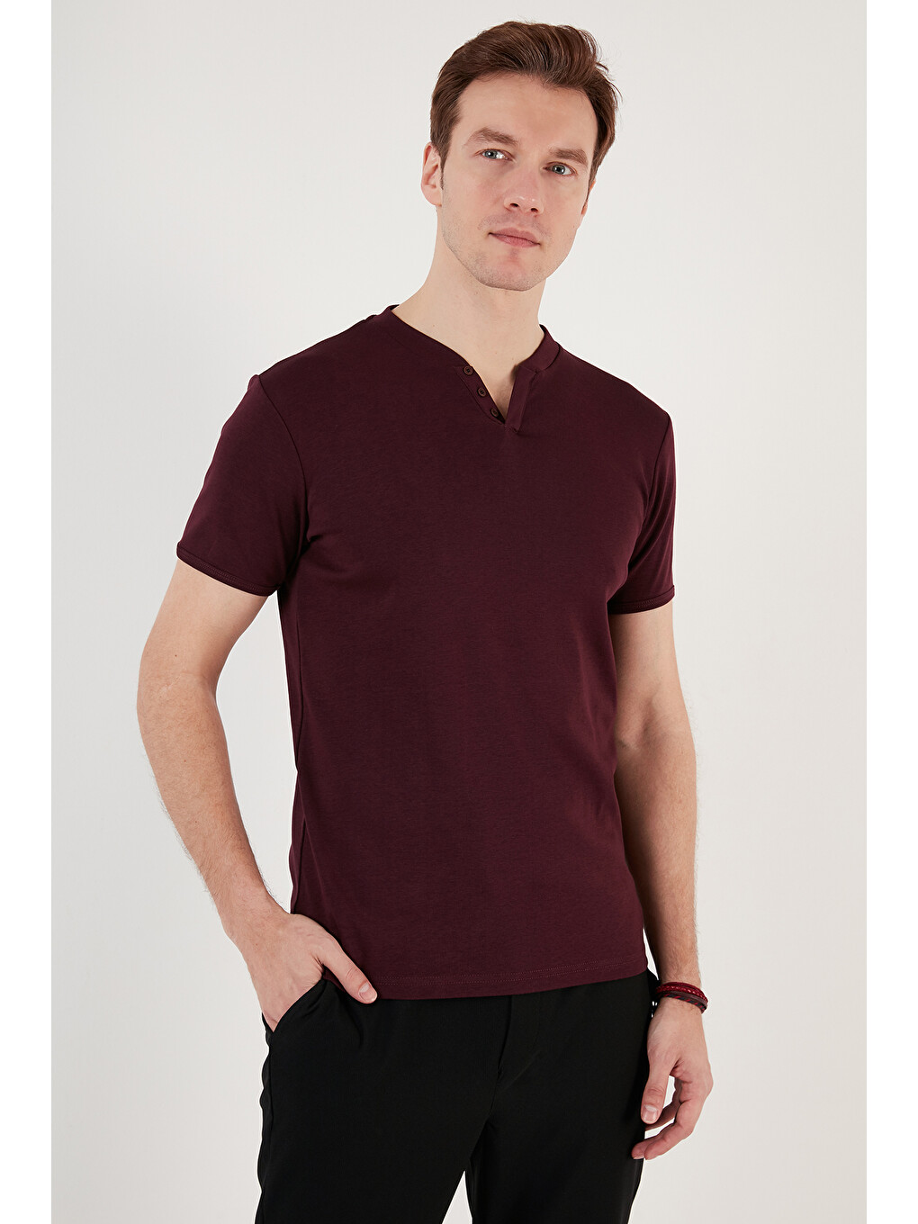 Bordo % 100 Pamuklu V Yaka Slim Fit Erkek T Shirt 5902122-2