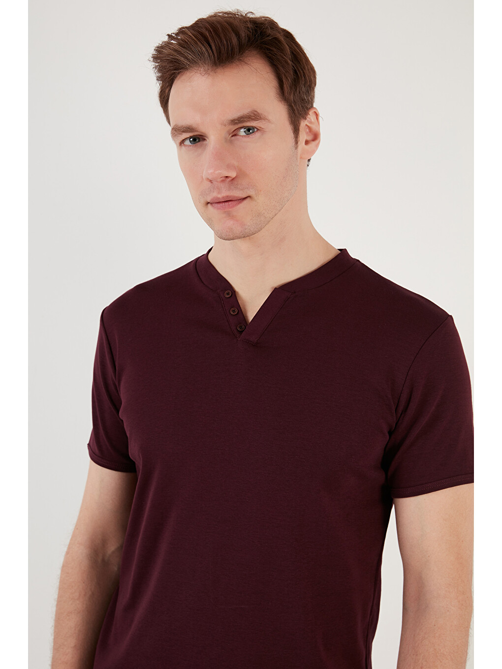 Bordo % 100 Pamuklu V Yaka Slim Fit Erkek T Shirt 5902122-3