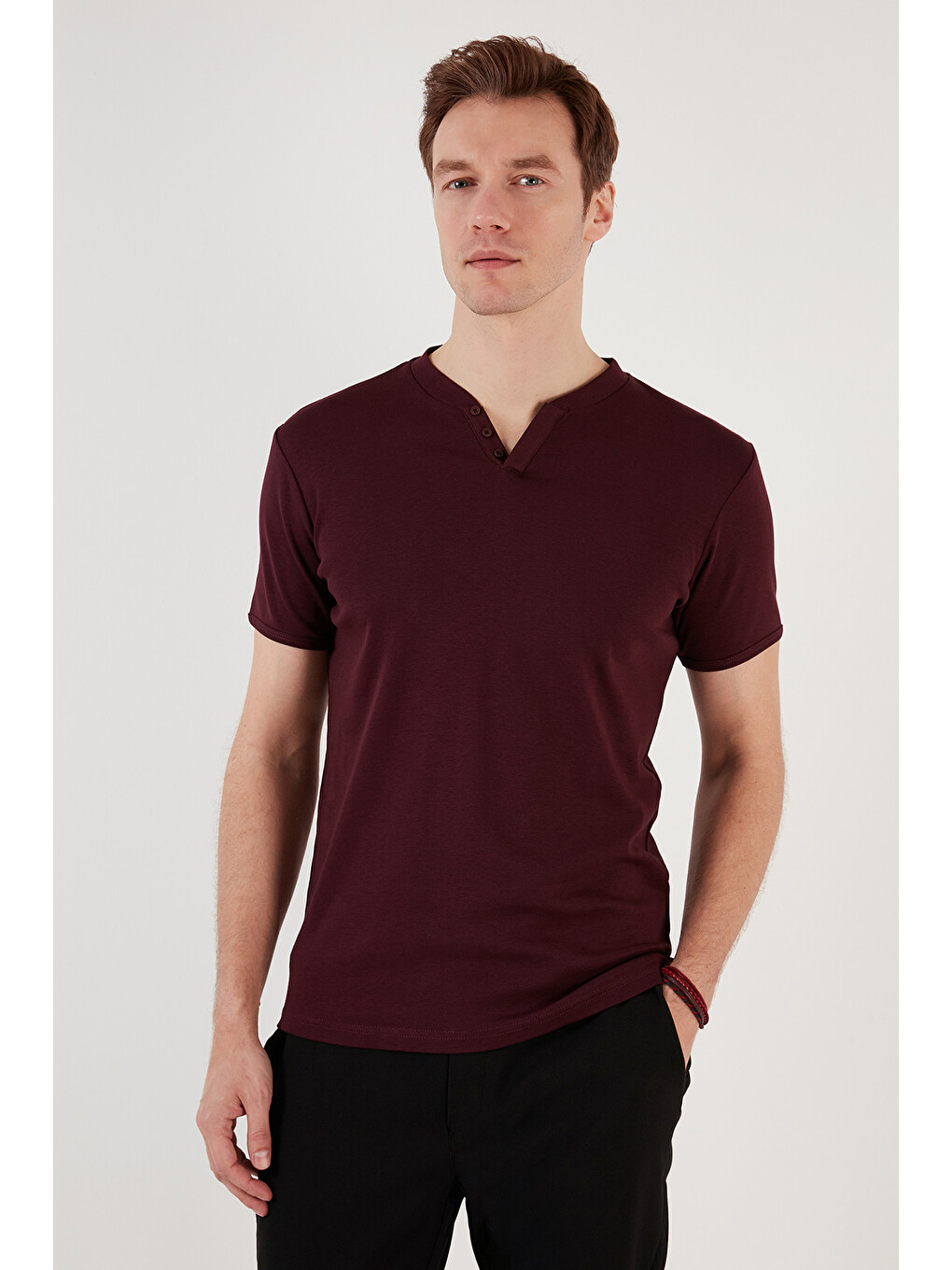 Bordo % 100 Pamuklu V Yaka Slim Fit Erkek T Shirt 5902122-5