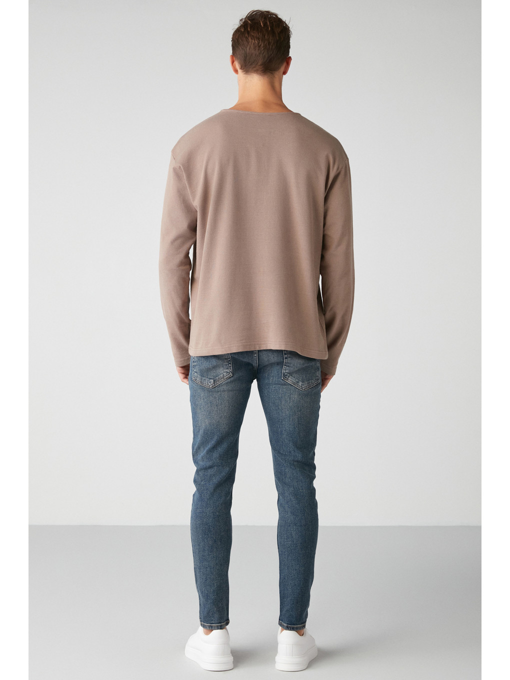 Bej Lorenzo Erkek Özel Rustik Dokulu %100 Organik Pamuk Düğme Detaylı Regular Vizon Sweatshirt-5