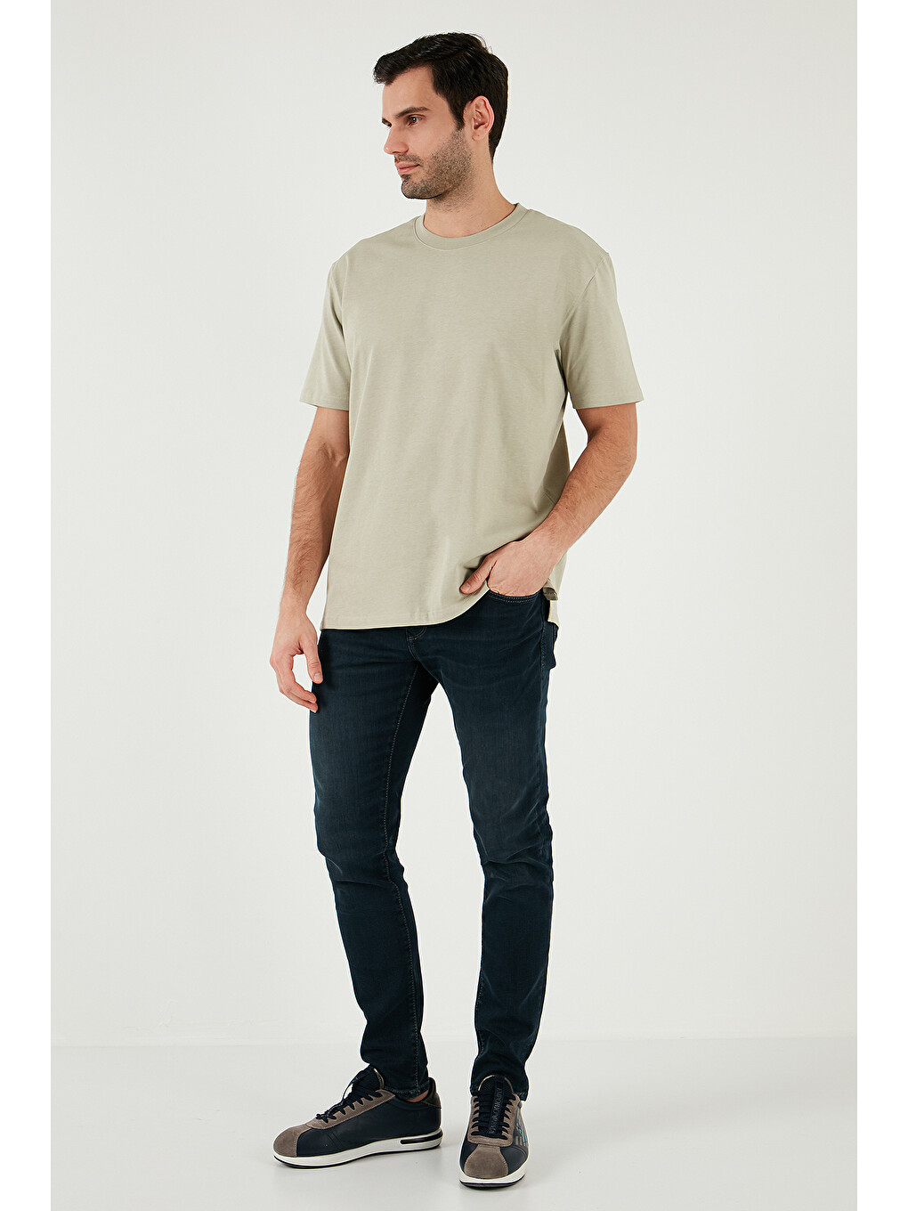 Bej Pamuklu Relaxed Fit Sıfır Yaka Erkek T Shirt 5905446-1