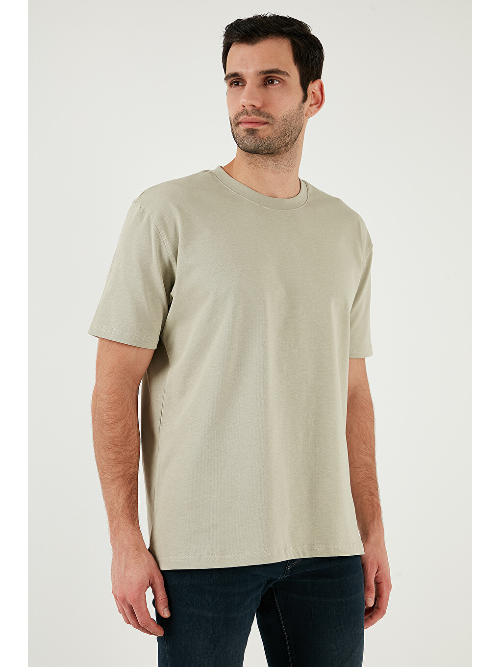 Bej Pamuklu Relaxed Fit Sıfır Yaka Erkek T Shirt 5905446-4