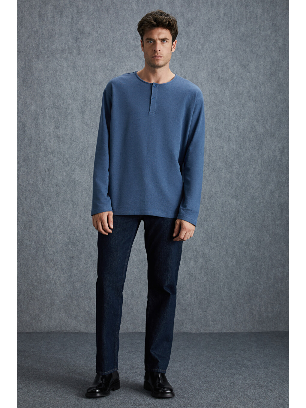 Lorenzo Erkek Özel Rustik Dokulu %100 Organik Pamuk Düğme Detaylı Regular İndigo Sweatshirt-1