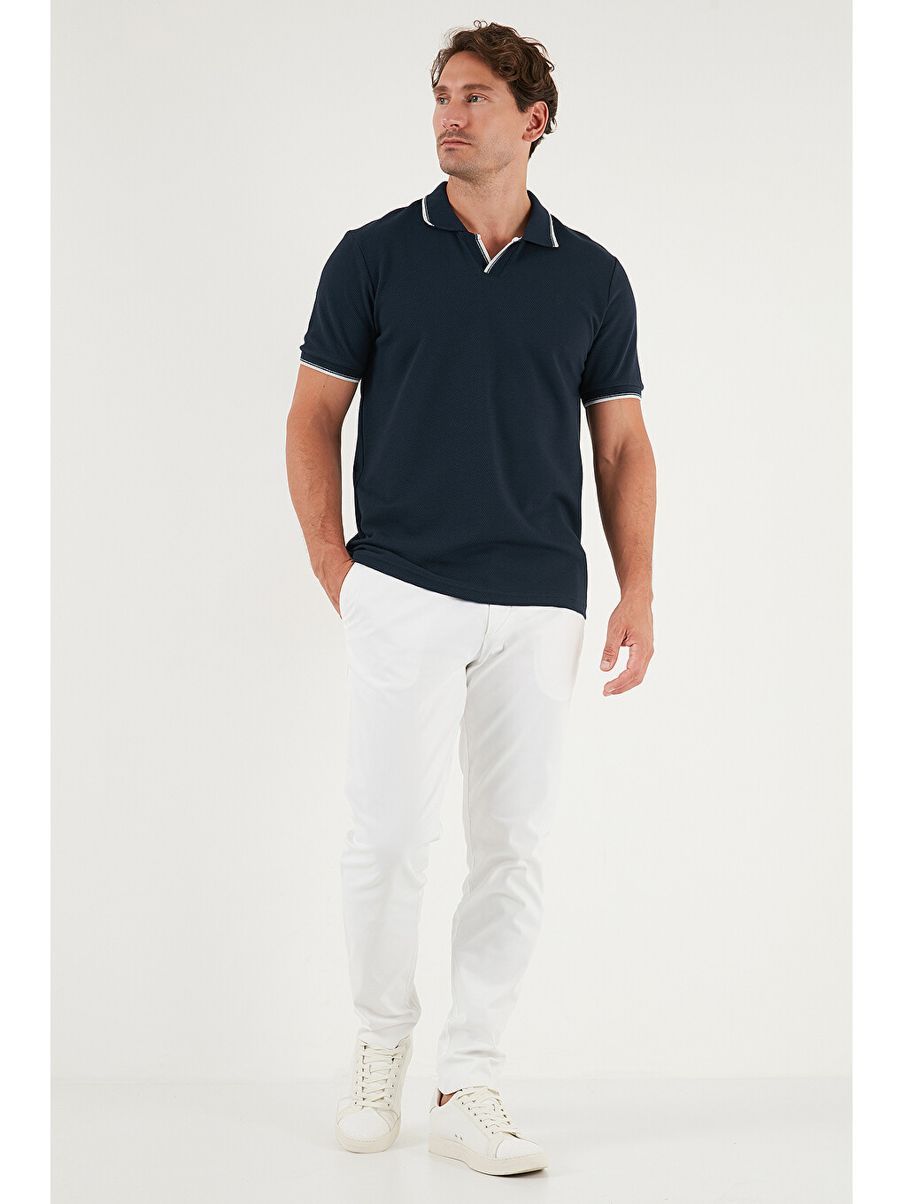 İndigo Streç Pamuklu Regular Fit Şerit Detaylı Polo Yaka T Shirt 5902768-1