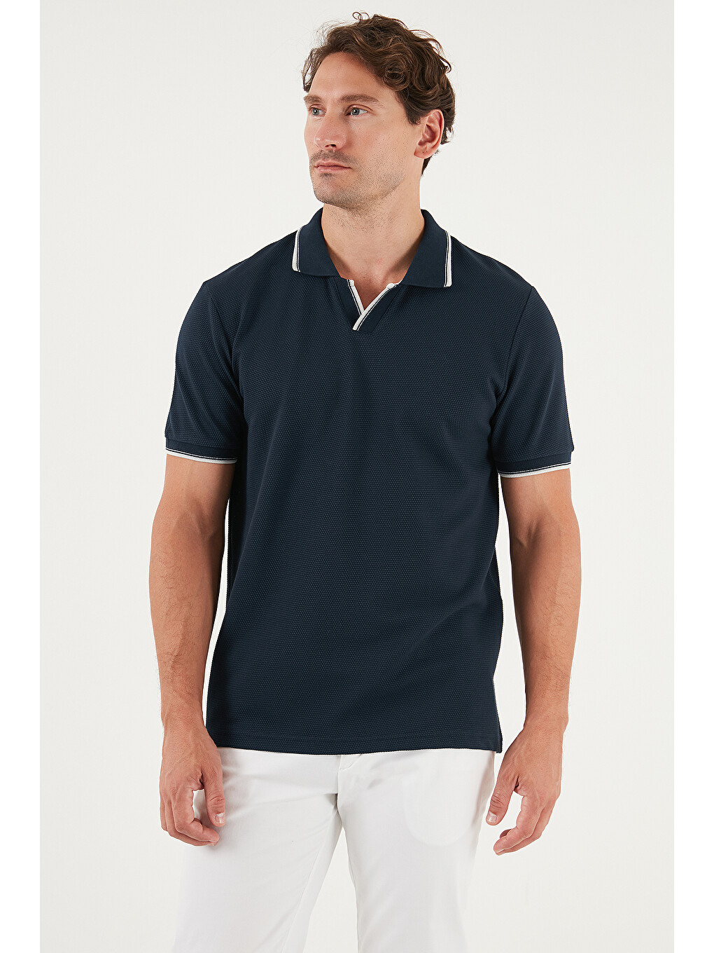 İndigo Streç Pamuklu Regular Fit Şerit Detaylı Polo Yaka T Shirt 5902768-3