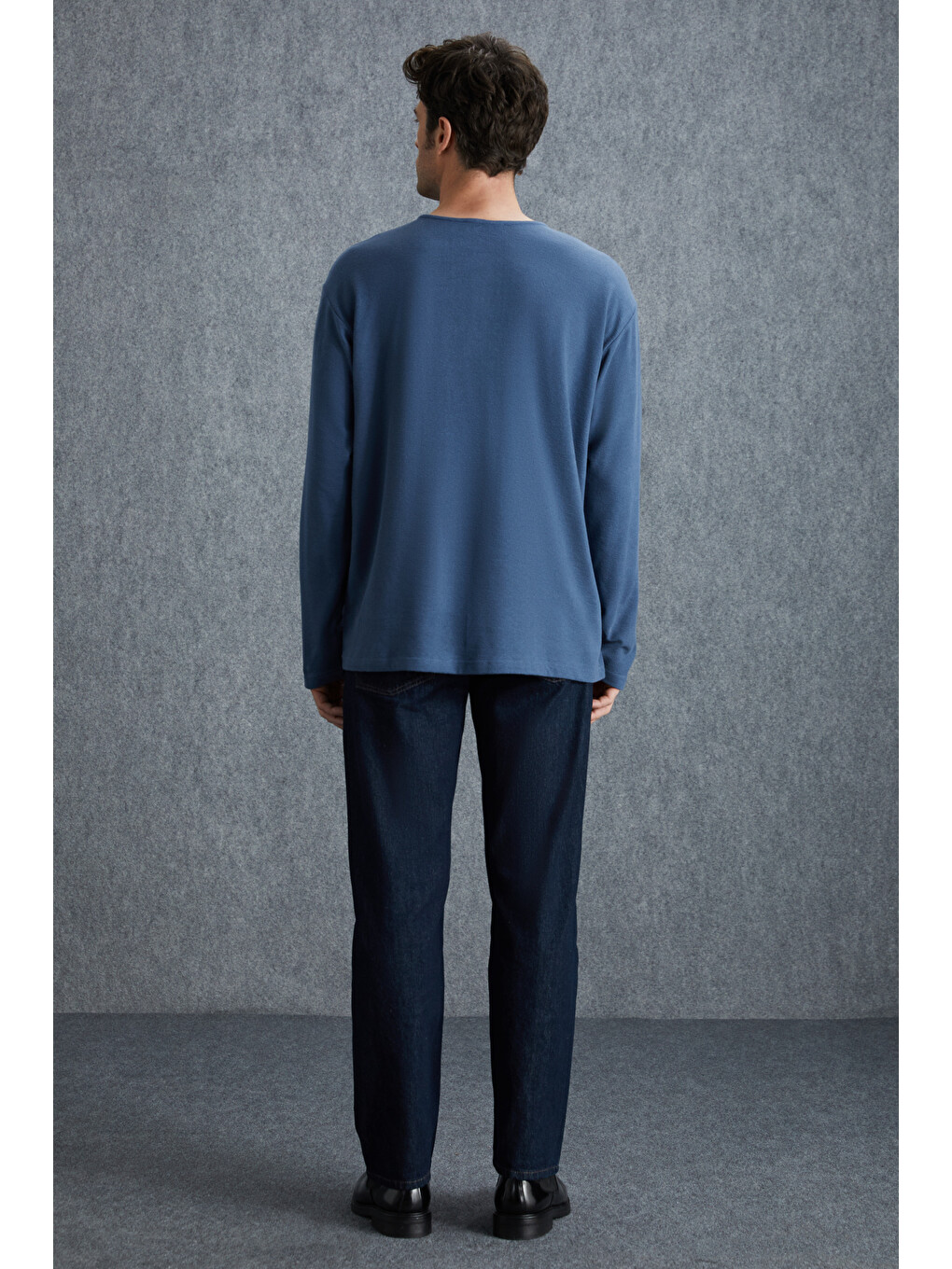 Lorenzo Erkek Özel Rustik Dokulu %100 Organik Pamuk Düğme Detaylı Regular İndigo Sweatshirt-4