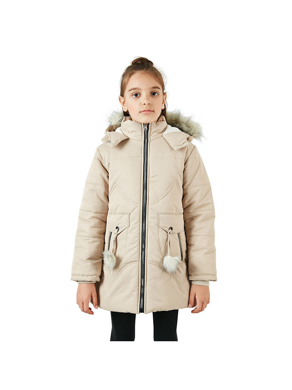 Bej İçi Pelüş Astarlı Kapüşonlu Şişme Kız Çocuk Mont 6035034-6