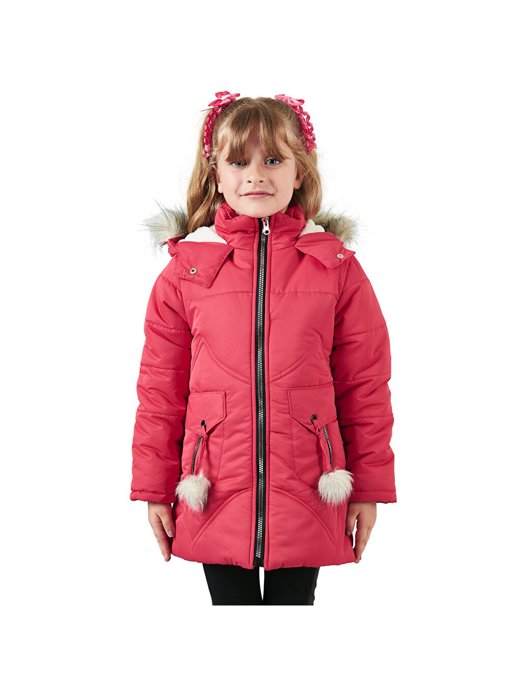 Kırmızı İçi Pelüş Astarlı Kapüşonlu Şişme Kız Çocuk Mont 6035034-6