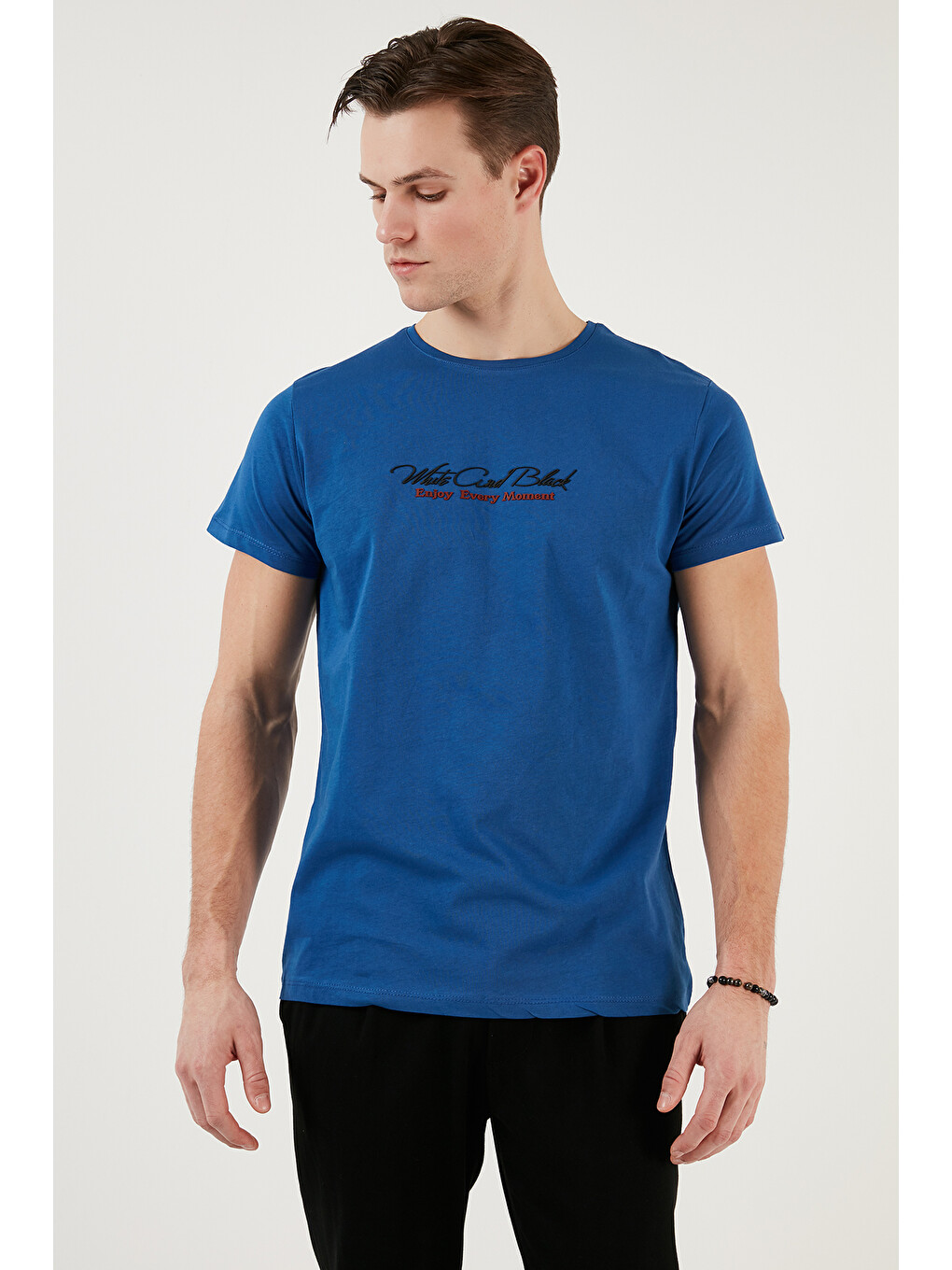 Lacivert Baskılı Bisiklet Yaka % 100 Pamuk Slim Fit Erkek T Shirt 541enjoy-1