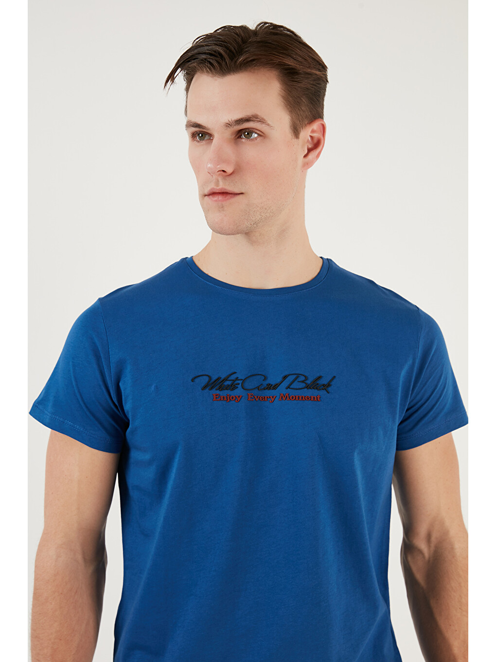 Lacivert Baskılı Bisiklet Yaka % 100 Pamuk Slim Fit Erkek T Shirt 541enjoy-3
