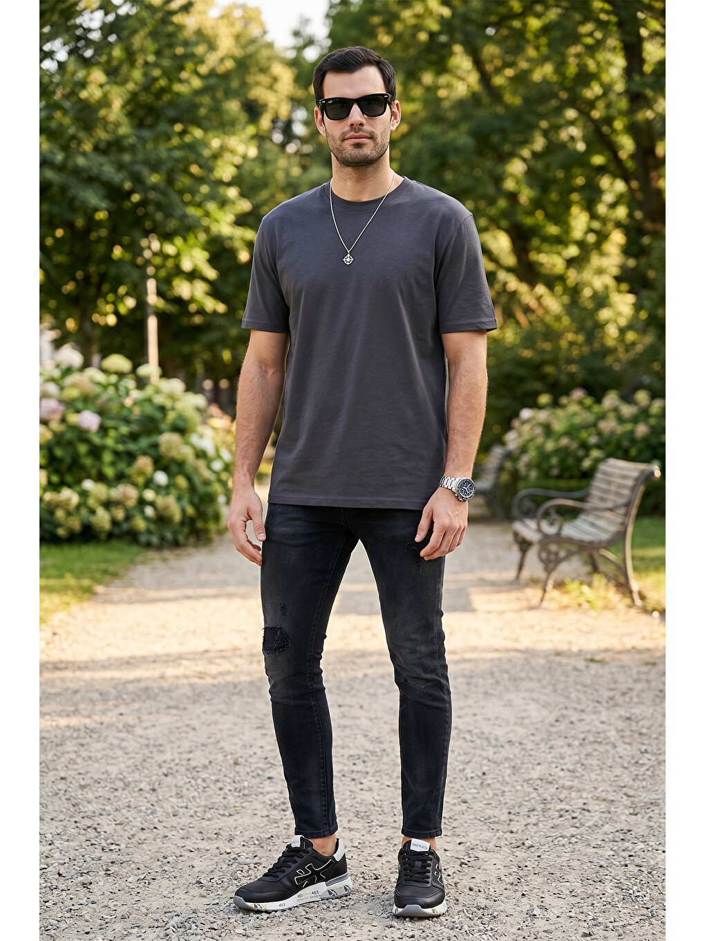 Antrasit Pamuklu Relaxed Fit Sıfır Yaka Erkek T Shirt 5905446