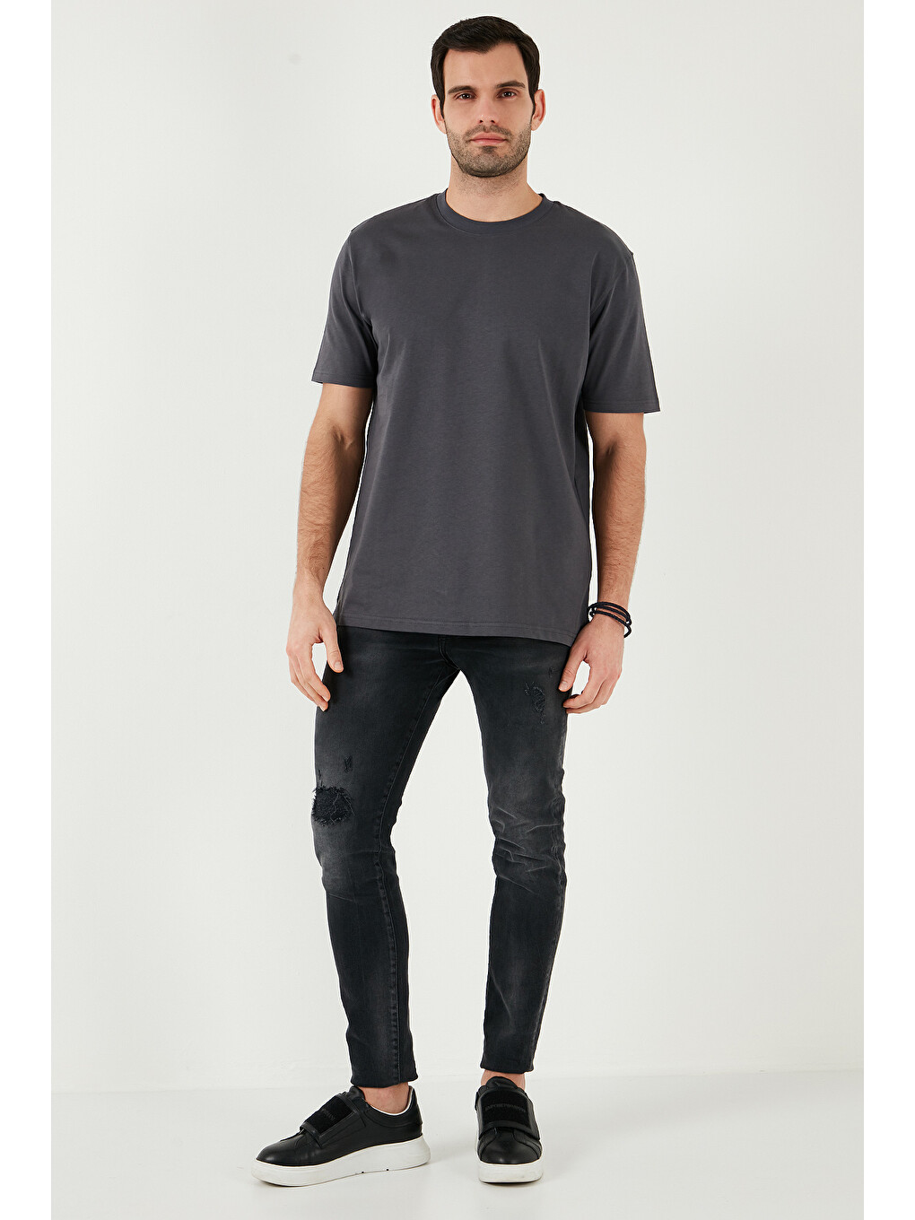 Antrasit Pamuklu Relaxed Fit Sıfır Yaka Erkek T Shirt 5905446-1