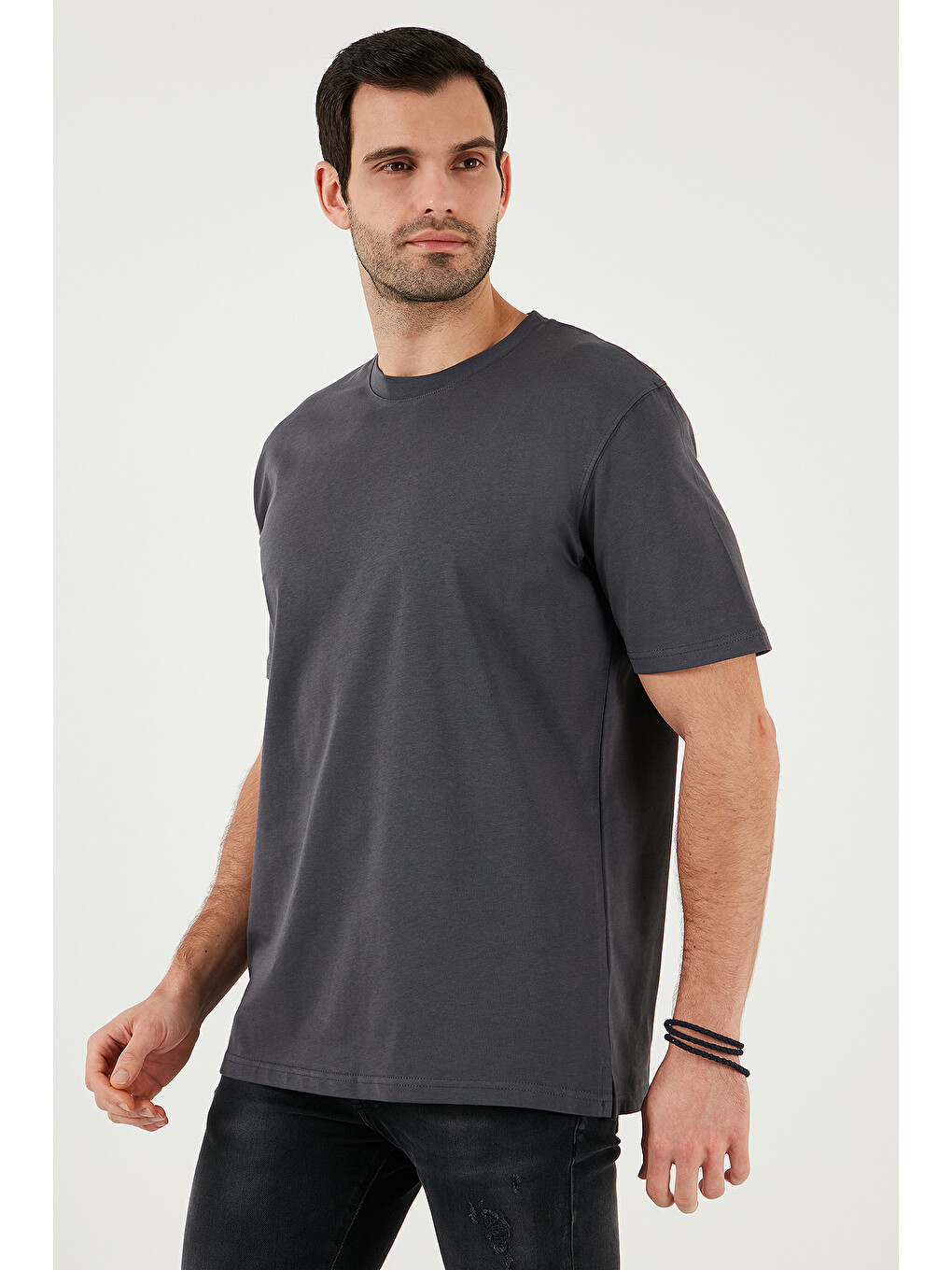 Antrasit Pamuklu Relaxed Fit Sıfır Yaka Erkek T Shirt 5905446-2